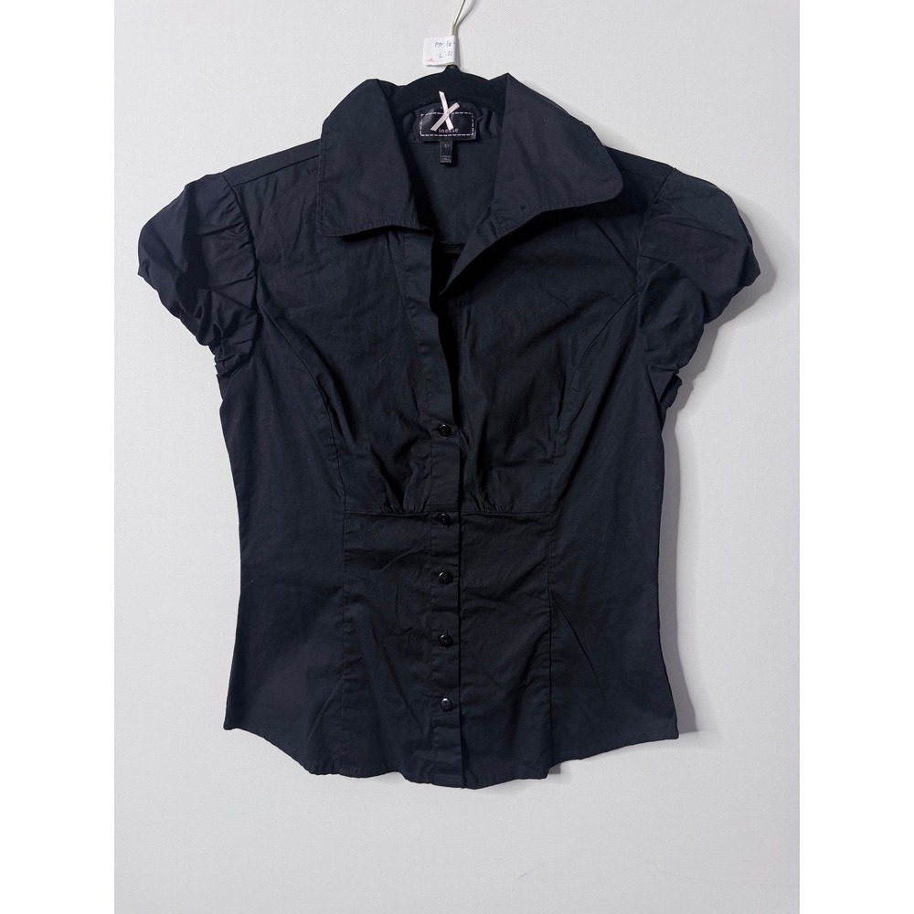 Finesse Fitted Puff-Sleeve Button-Front Blouse Black Medium